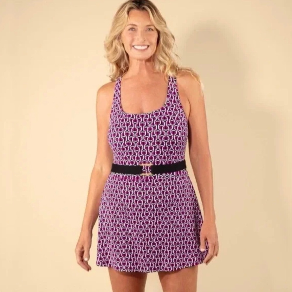 Lands' End Women’s Geo Print Belted Swim Dress Purple / Black Size S NWT